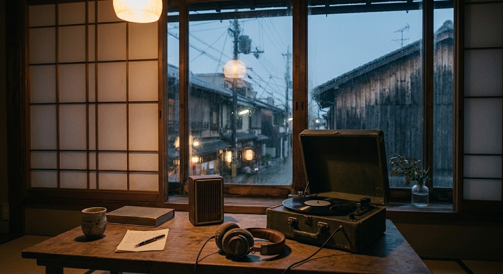 レコードとスピーカーのある静かな部屋