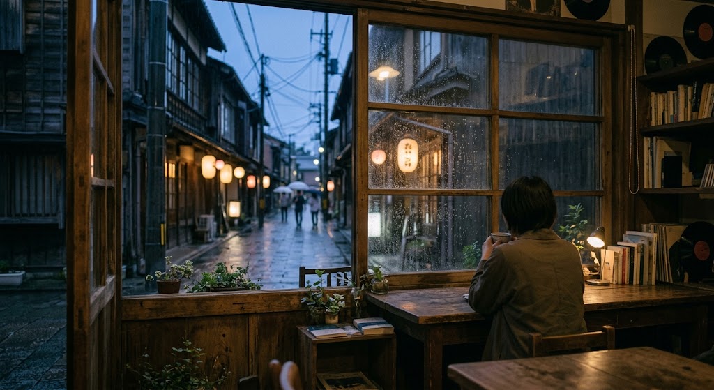 窓越しに見える静かな路地と街の風景