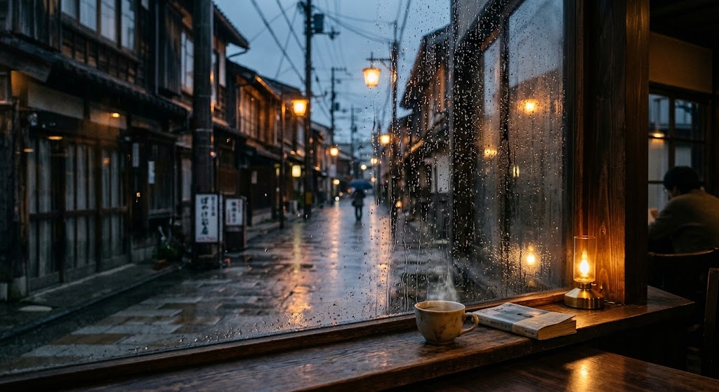 雨上がりの街の灯り